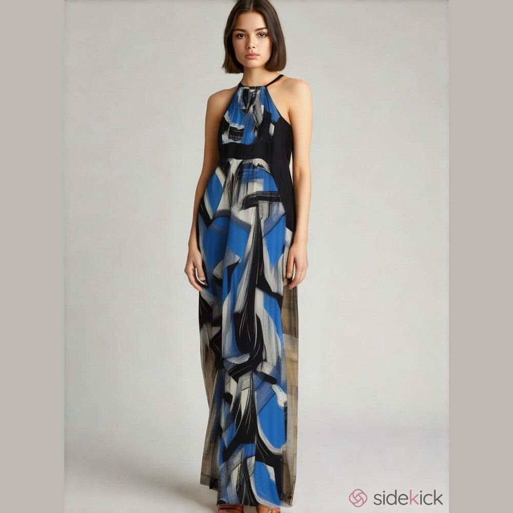 London Style Collection Maxi Dress Size M Blue Black Abstract Halter Neck Gown